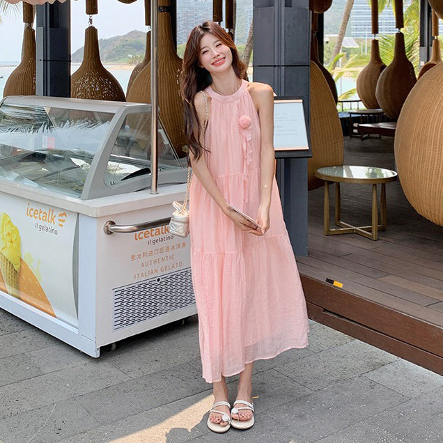 【ワンピース】夏 バカンス風 立体フラワー 甘め ハイネックノースリーブワンピース【JZシリーズ】