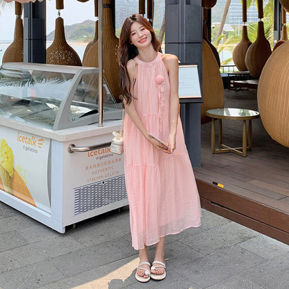 【ワンピース】夏 バカンス風 立体フラワー 甘め ハイネックノースリーブワンピース【JZシリーズ】