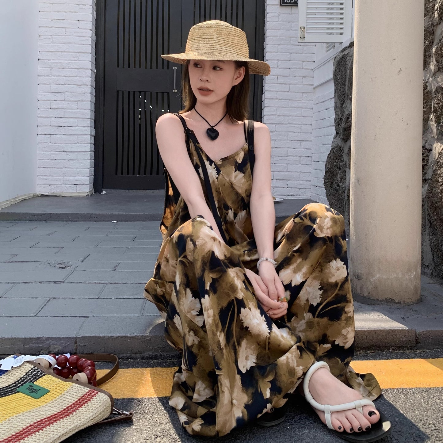 【ボトムス】夏新作 ゆったり清涼感 レトロアート染め Vネックオールインワン 気質スタイル【SHシリーズ】