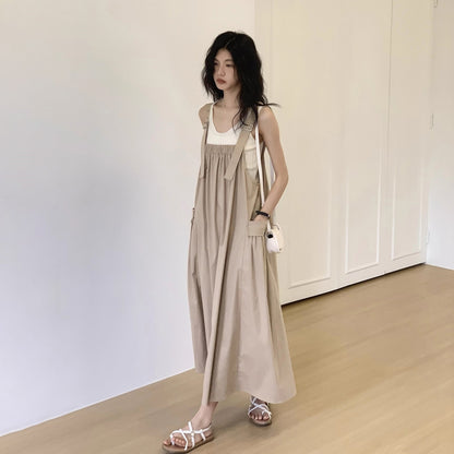 【ワンピース】シンプルヴィンテージ 夏新作 ゆったり韓国風カジュアル ノースリーブキャミソールワンピース【JZシリーズ】