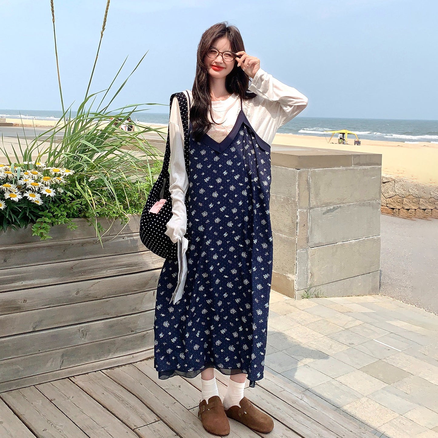 2点セット！【セットアップ】花柄キャミワンピース＆Tシャツ2点セット レディース ロング丈 ゆったり カジュアル 秋コーデ【SHシリーズ】