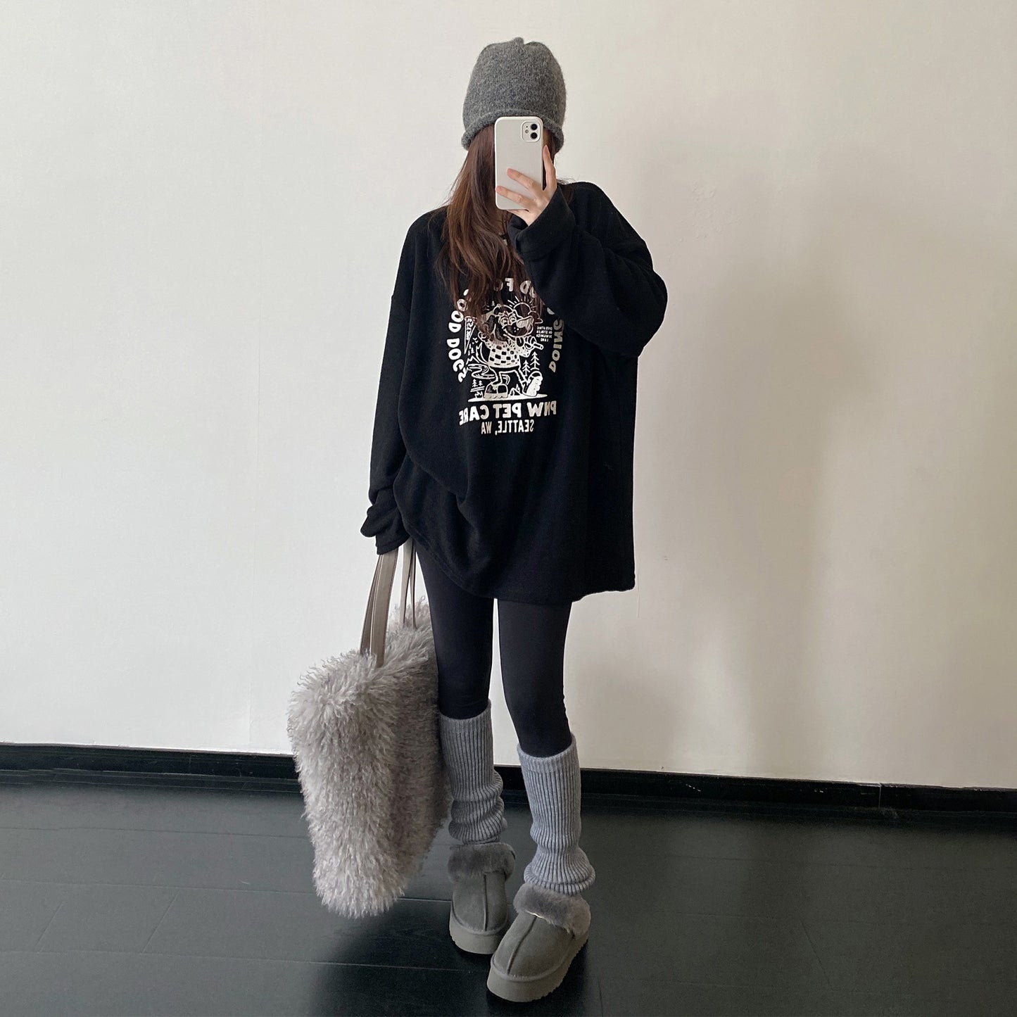 【トップス】子犬パイルプリント 裏起毛 クルーネック ゆったりスウェット 春秋冬 パーカー【FCシリーズ】