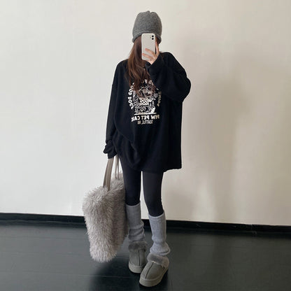 【トップス】子犬パイルプリント 裏起毛 クルーネック ゆったりスウェット 春秋冬 パーカー【FCシリーズ】