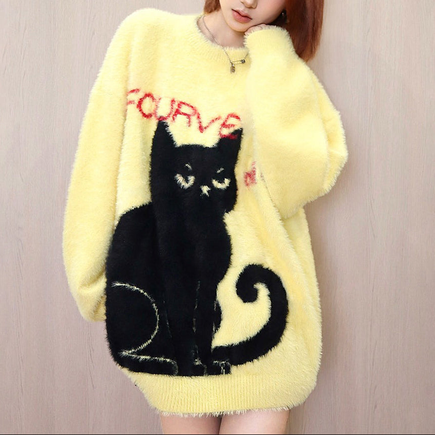 【トップス】クールな黒猫デザイン ニット レディース 秋冬 クルーネック ゆったり プルオーバー【FCシリーズ】