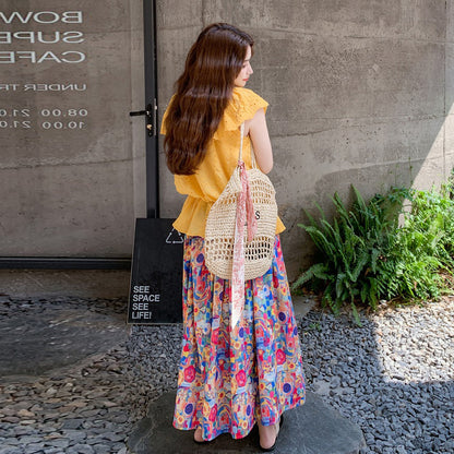 2点セット！【セットアップ】ドーパミンコーデ フリル刺繍トップス＋油絵風スカート 上下セット【SHシリーズ】