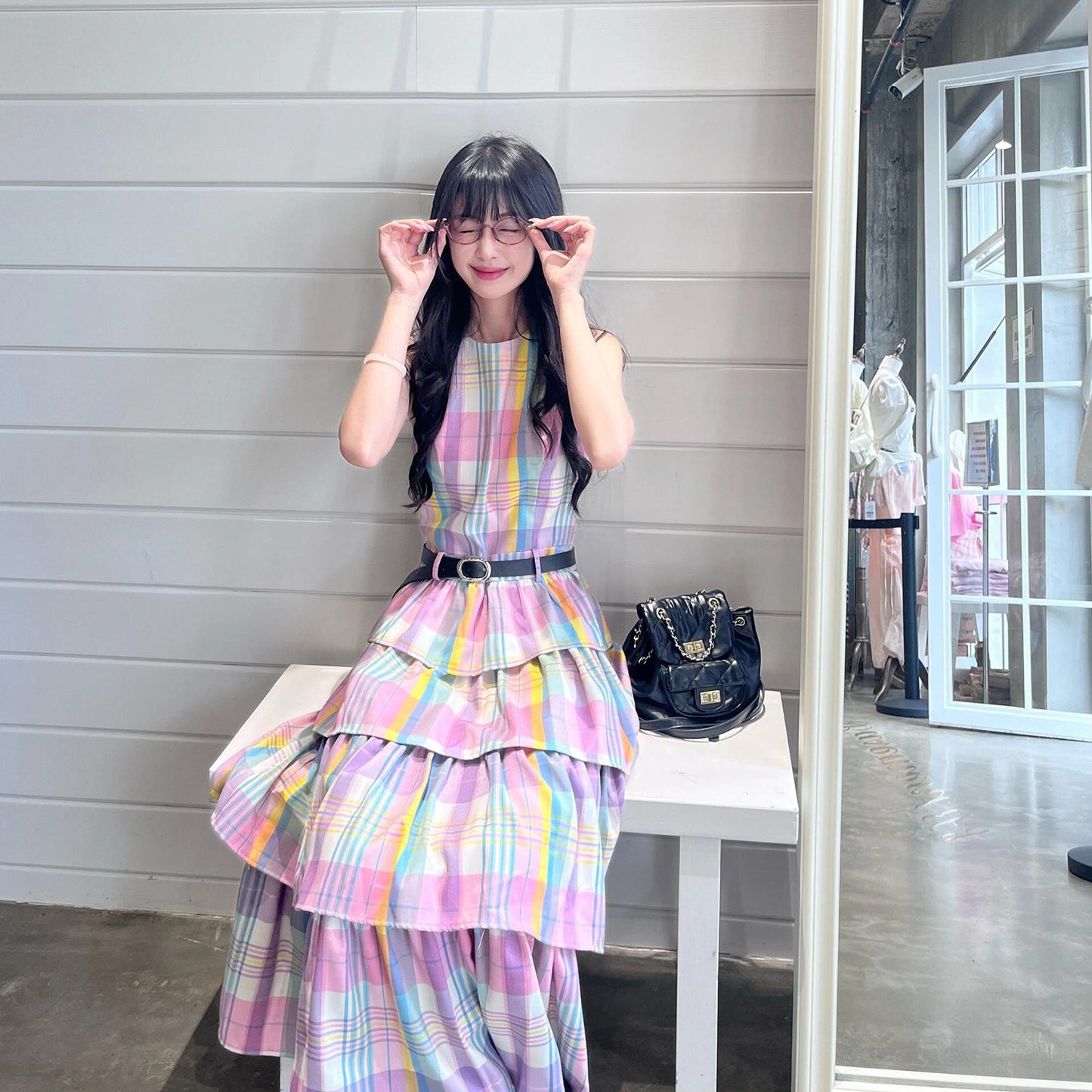 【ワンピース】 レインボーチェック ノースリーブ ティアードワンピース 夏 レディース フェミニン 体型カバー リゾート風 着痩せ ゆったり Aライン 大人可愛い バカンス 海辺旅行【SHシリーズ】