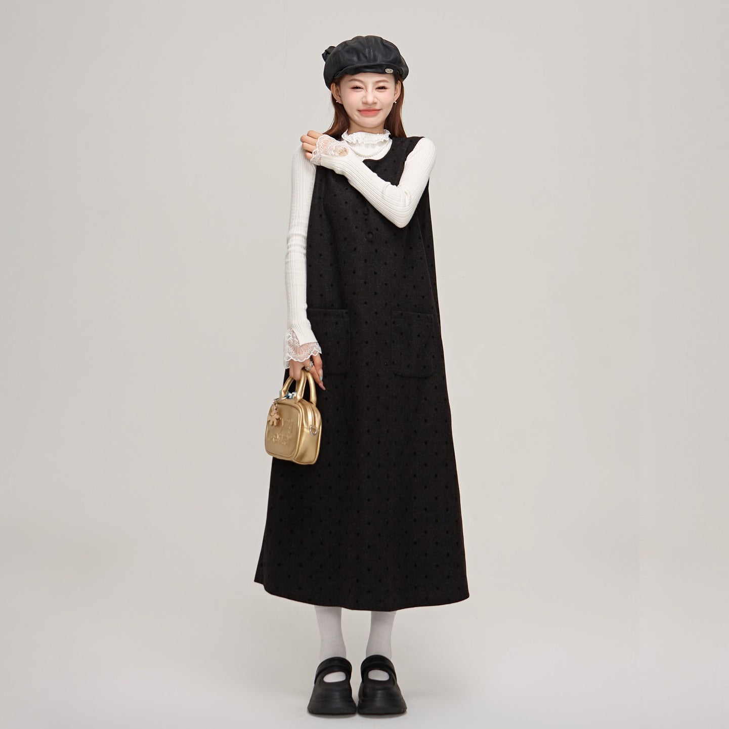【ワンピース】デザイン重視♡ツイード×ドット柄 ノースリーブ ベストワンピース レディース 秋冬 高見え【JZシリーズ】
