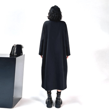 【ワンピース】韓国風 レディース 長袖 ブラックスウェットワンピース ファスナー付き リラックスシルエット【AHシリーズ】