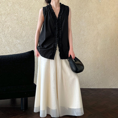 【トップス】前後2WAY フレンチ風 花びらネックフリルデザイン ノースリーブブラウス【JZシリーズ】