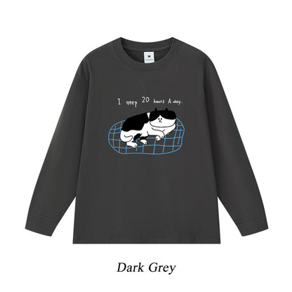 5カラー | S~3XL【トップス】猫のスリープタイム プリント 長袖Tシャツ コットン 秋 ゆったり トップス インナー【FCシリーズ】