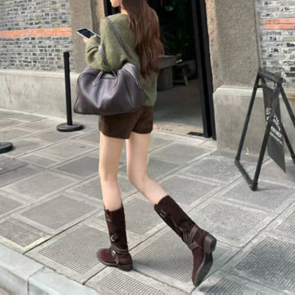 【シューズ】美脚見え ポインテッドトゥ ベルト ミドルライダーブーツ