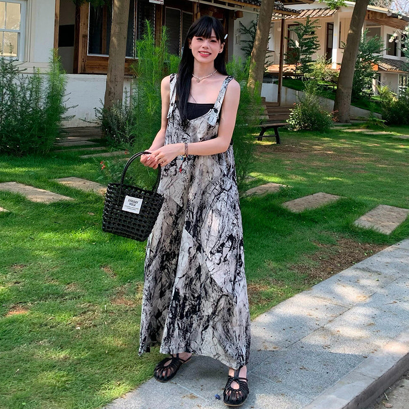 【ボトムス】水墨グラデーション柄 サロペット レディース オールインワン 夏 Vネック ワイドパンツ ゆったり 体型カバー 体型カバー リラックス レトロ アート風【SHシリーズ】