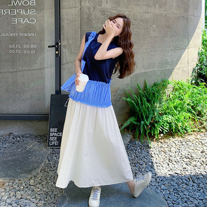 【ワンピース】夏 フレンチ風 お洒落な配色切り替え ノースリーブワンピース 文芸スタイル【SHシリーズ】