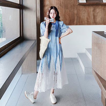 【ワンピース】日系ガーリー チェック柄×レース 半袖 切り替え マーメイドワンピース【SHシリーズ】
