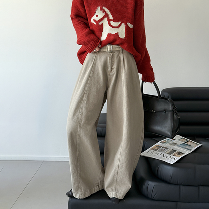 【ボトムス】ベルト付き ハイウエスト 美脚パンツ レディース 春新作 脚長デニム ゆったり カジュアル ジーンズ【JZシリーズ】