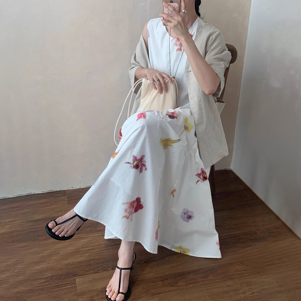 【ワンピース】リゾート風 油絵風アートプリント ノースリーブワンピース 夏新作 レトロ ゆったり フレアロングドレス レディース【SHシリーズ】