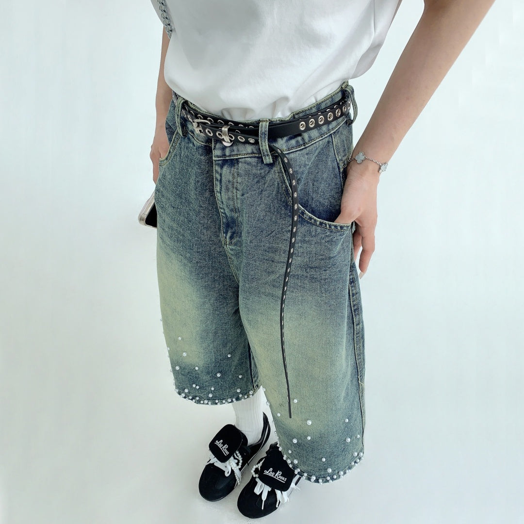 【ボトムス】夏 ヴィンテージ加工 ビジュー付き 七分丈パンツ 【FCシリーズ】