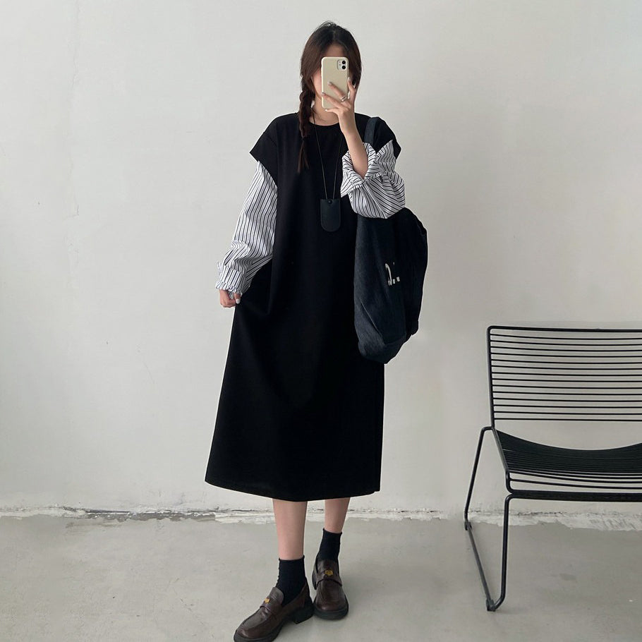 【ワンピース】デザイン感 長袖 フェイクレイヤードワンピース レディース 切替 大きめサイズ ロングドレス【JZシリーズ】