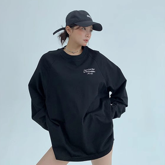 【トップス】リラックス感＆ラフスタイル コットン長袖Tシャツ レタープリント入り【FCシリーズ】