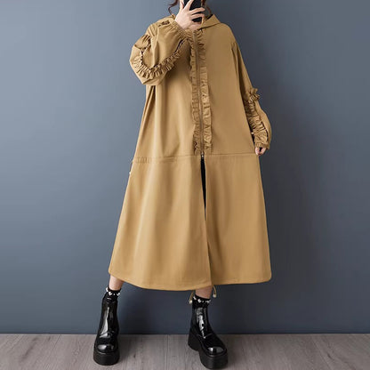 【アウター】春秋新作 フード付き 長袖 トレンチコート ゆったり 大きいサイズ 無地 ロング丈【AHシリーズ】