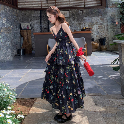 【ワンピース】リゾート風 キャミワンピース レディース 夏 フリルデザイン ノースリーブ 花柄 ティアードワンピース【SHシリーズ】