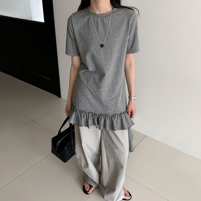 【トップス】韓国風 デザイン感  レディース 2026夏 アシンメトリー フリル裾 ゆったりTシャツ【JZシリーズ】