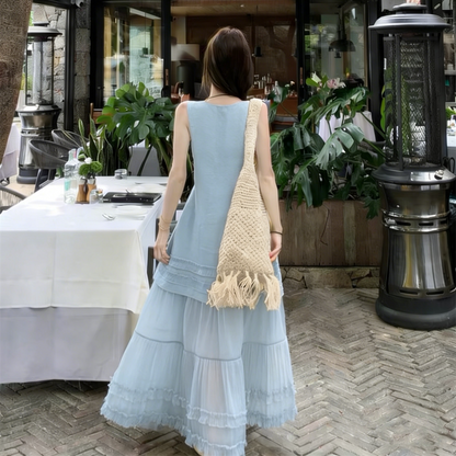【ワンピース】フレンチ風 チュール切替 ノースリーブワンピース レディース 夏 ゆったり ラウンドネック 体型カバー 細見え フリル ロングワンピース 大人可愛い【SHシリーズ】