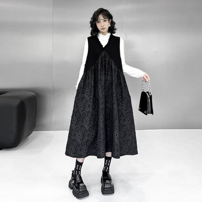 【ワンピース】暗黒系 ノースリーブVネックベストワンピース レディース 新作 ゆったり体型カバー ミディ丈【AHシリーズ】