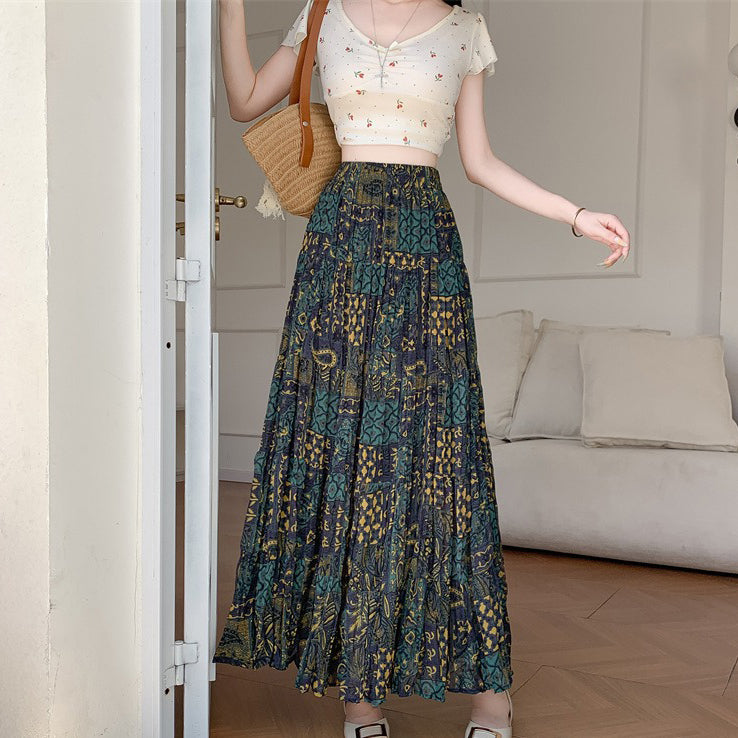 【ボトムス】ボヘミアン風 シフォンプリーツスカート レディース 夏 Aライン 体型カバー 旅行・リゾートにも最適【SHシリーズ】