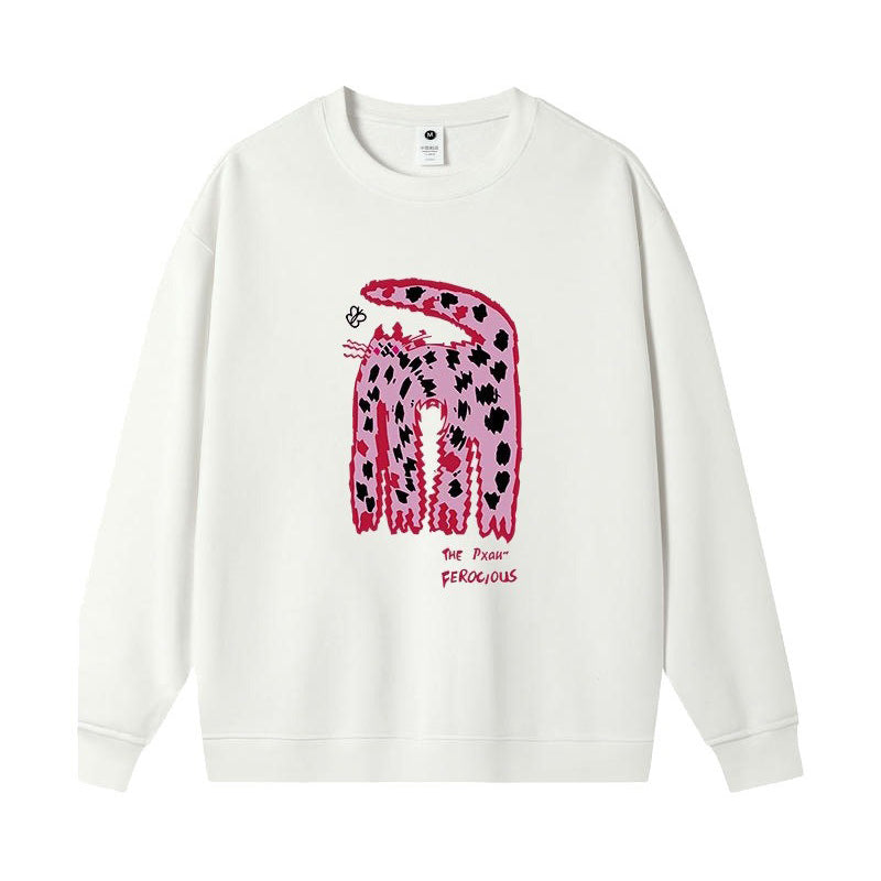 S~2XL【トップス】クルーネック ネコ スウェット レディース 韓国風 ゆったり 学生風 豹柄 猫 秋冬パーカー【FCシリーズ】