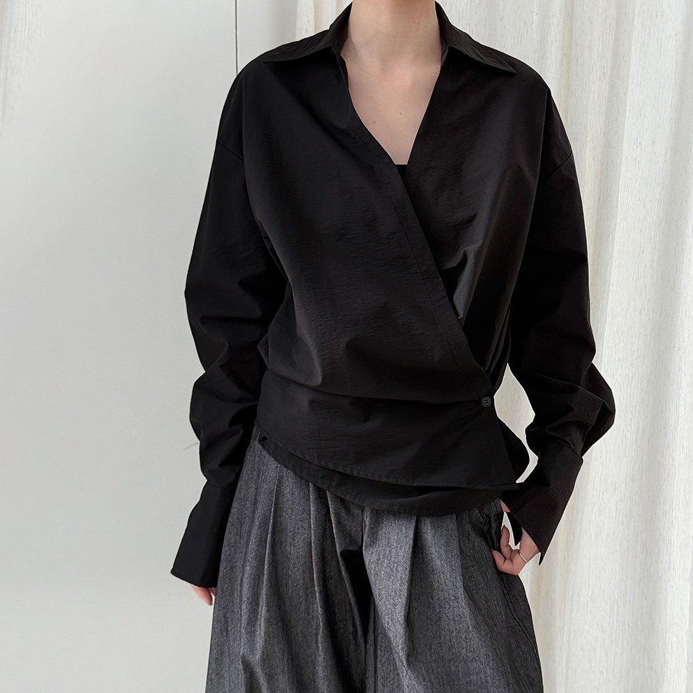 【トップス】Vネック ウエストマークシャツ レディース  韓国風ハイセンスブラウス【SNシリーズ】