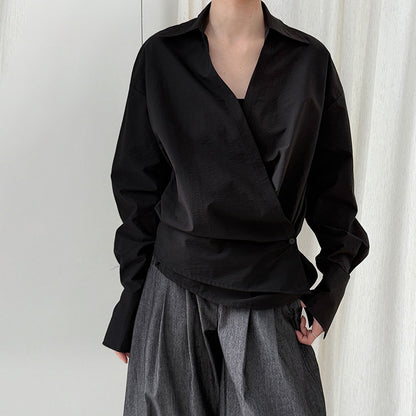 【トップス】Vネック ウエストマークシャツ レディース  韓国風ハイセンスブラウス【SNシリーズ】