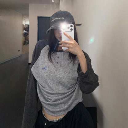 【トップス】レトロ配色ショート丈ロンT レディース 薄手 リラックス 秋コーデ 長袖Tシャツ【FCシリーズ】