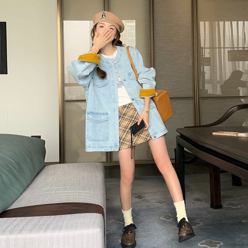 【アウター】ライトブルー デニムジャケット レディース 春秋 韓国風 カジュアル ウォッシュ加工 ゆったり【JZシリーズ】