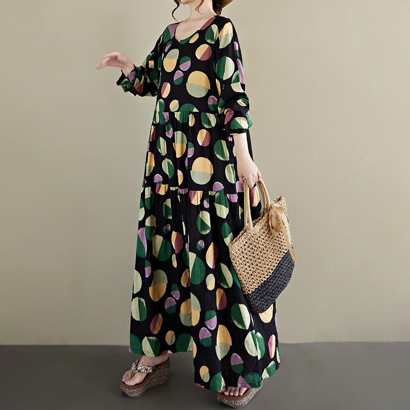 【ワンピース】ドット柄 クルーネック 長袖ワンピース ゆったり 大きいサイズ ボヘミアン リゾート風【SHシリーズ】