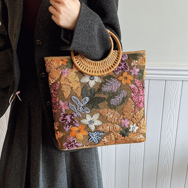 【バッグ】フラワー 竹ハンドル  刺繍 スパンコール バケットバッグ 【SHシリーズ】