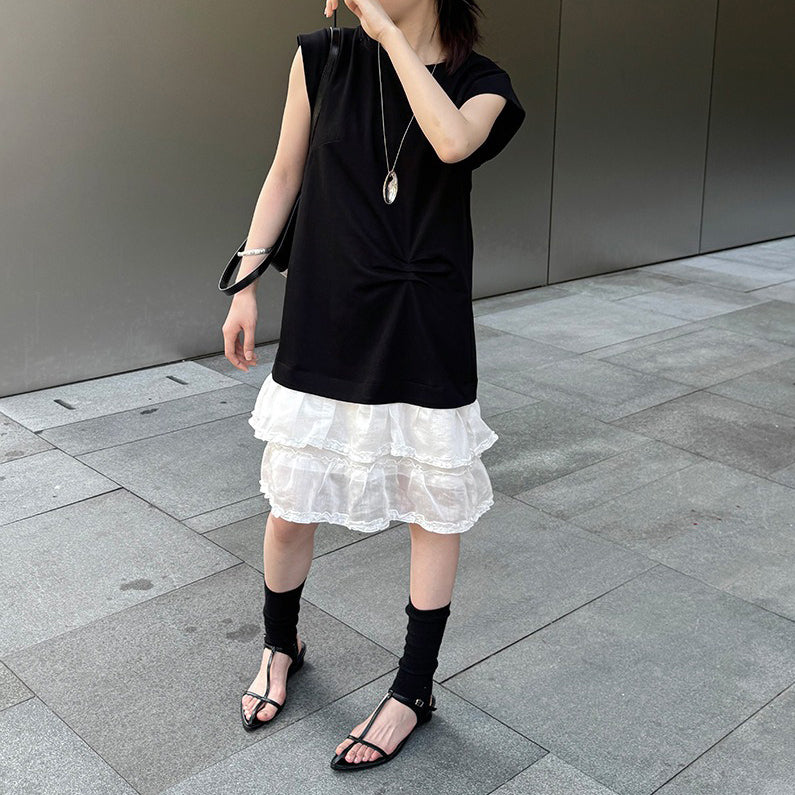 【ワンピース】夏新作 韓国風ウエストマーク切り替え デザイン感 レース ノースリーブワンピース【JZシリーズ】