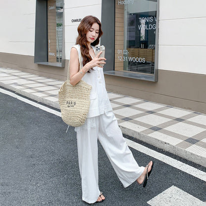 2点セット！【セットアップ】夏 通勤 レース切替 バックレス ベスト＋ワイドパンツ 上下セット【JZシリーズ】【SNシリーズ】