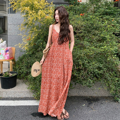 【ワンピース】夏新作 レッド 幾何柄 キャミワンピース ボヘミアン風 海辺 旅行 リゾート 着痩せ リラックス ロング丈【SHシリーズ】