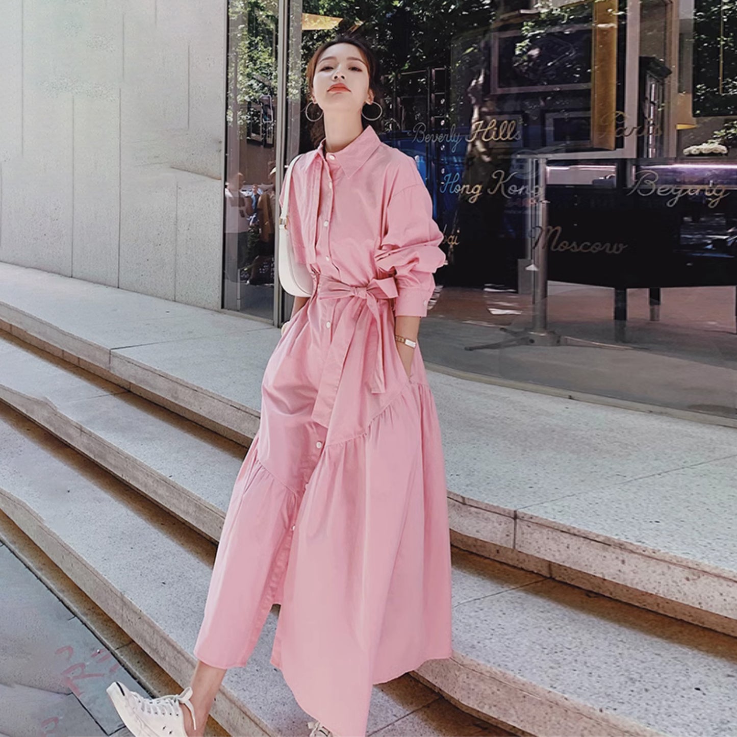 【ワンピース】高級感のある小洒落デザイン ピンク長袖シャツワンピース レディース 春秋 ユニークでおしゃれ 上品な大人風 ロングワンピース【JZシリーズ】