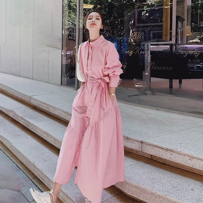【ワンピース】高級感のある小洒落デザイン ピンク長袖シャツワンピース レディース 春秋 ユニークでおしゃれ 上品な大人風 ロングワンピース【JZシリーズ】