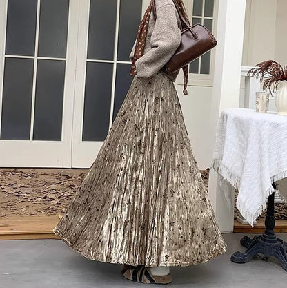 【ボトムス】レトロ 花柄 ベルベット プリーツスカート 秋冬 Aライン ヒップカバー すっきり見え エレガント ロング丈【SHシリーズ】