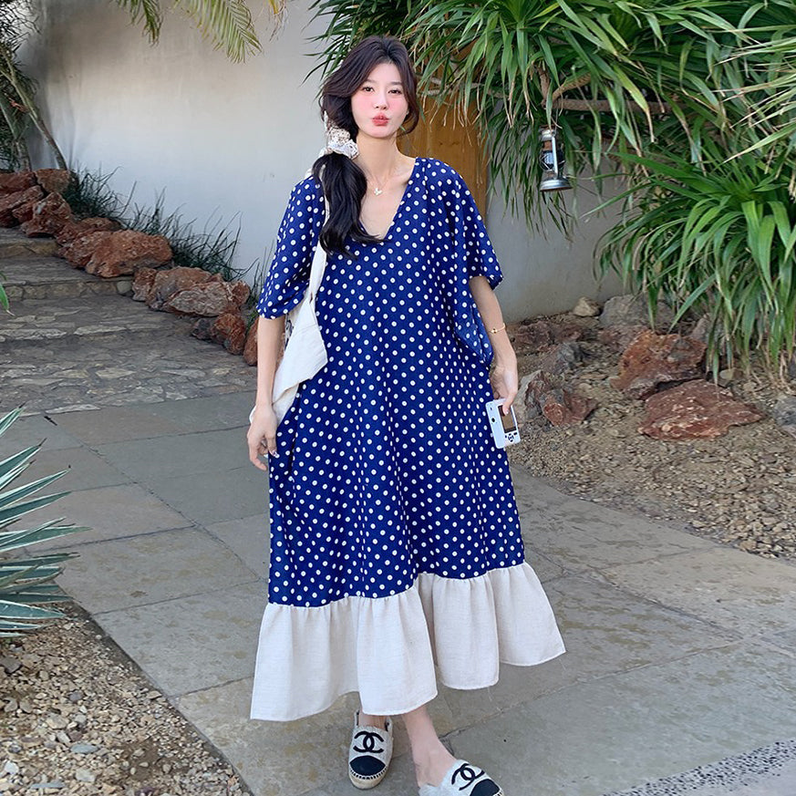 【ワンピース】高級感 ドット柄 シフォン 半袖ワンピース 超人気 おしゃれでリラックス感たっぷり リゾートロングドレス【SHシリーズ】