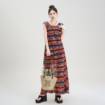 【ワンピース】夏新作 ストライプ柄 重ね着風 メッシュ切り替え バックスリット ゆったりノースリーブワンピース【SHシリーズ】