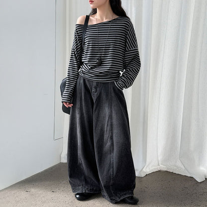 【トップス】韓国風ボーダー柄ワンショルダートップス｜斜めオフショル×ゆるシルエットで抜け感＆細見え【JZシリーズ】