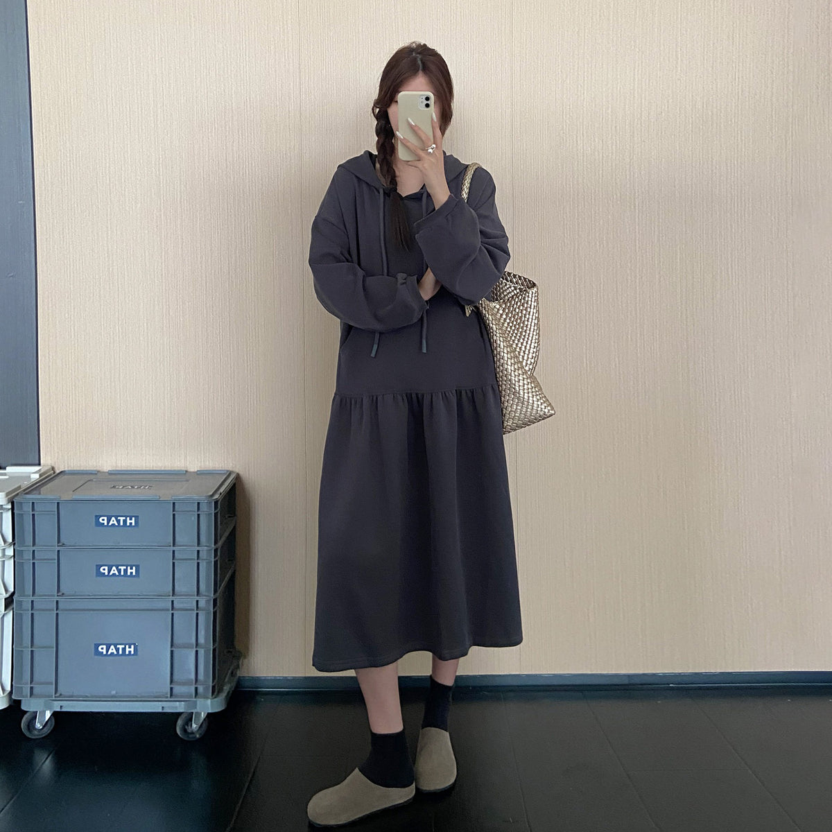 【ワンピース】フード付き配色切替スウェットワンピース レディース 秋冬新作 大きいサイズ ゆったり 体型カバー【JZシリーズ】