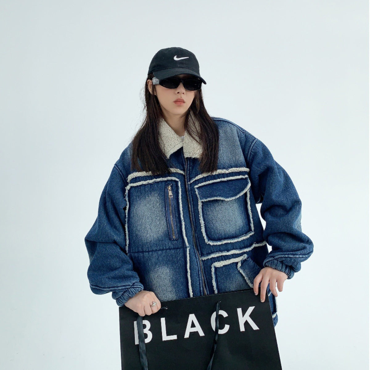 【アウター】アメリカ 秋冬 カップル服 ゆったり レトロ ダメージデニム ラムウール ジャケット【FCシリーズ】