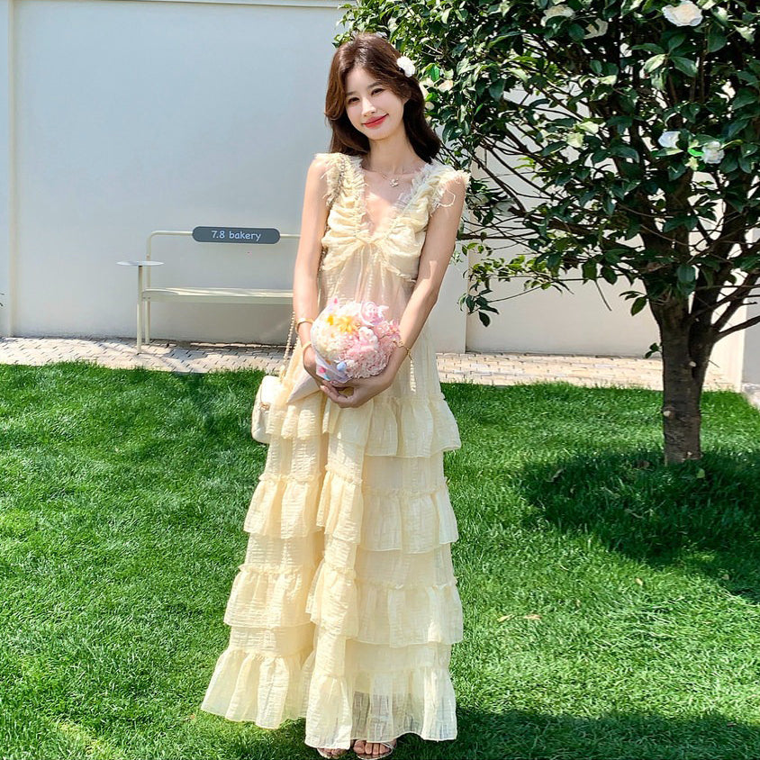 【ワンピース】夏新作 ノースリーブ ティアードワンピース ミルク系 やさしい雰囲気 若見え ロングドレス【SHシリーズ】