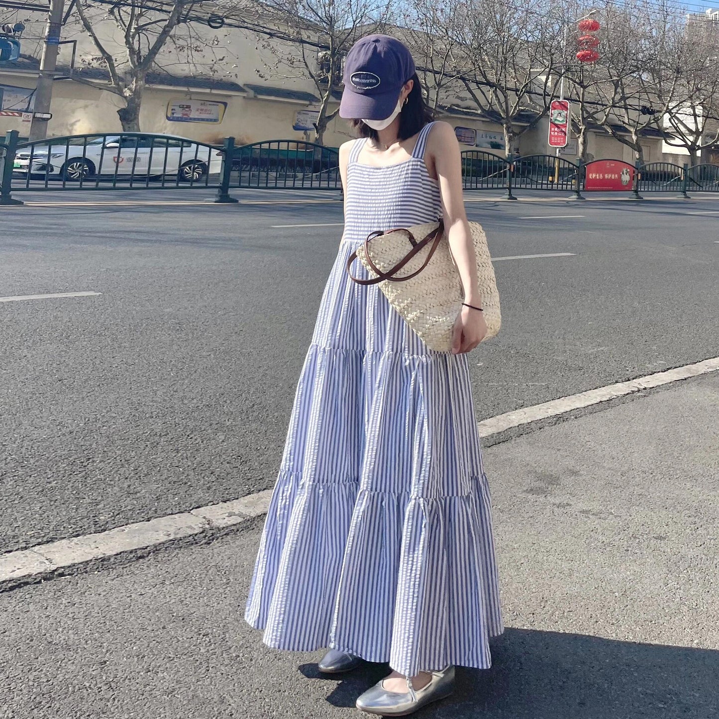 【ワンピース】ストライプ柄 ノースリーブ ワンピース 夏 フレンチ風 キャミソール ゆったり カジュアル ビーチ バカンス【SHシリーズ】