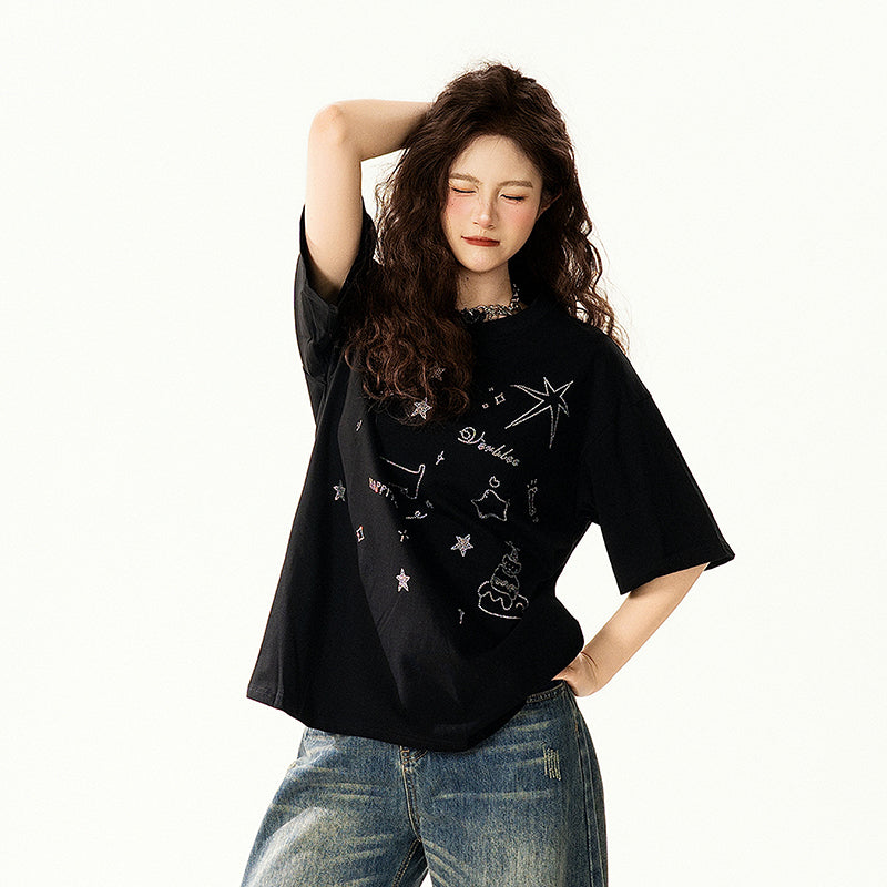 【トップス】グラフィティ Tシャツ レディース 夏 半袖 ラインストーン ゆったり オーバーサイズ 人気 カジュアル【FCシリーズ】